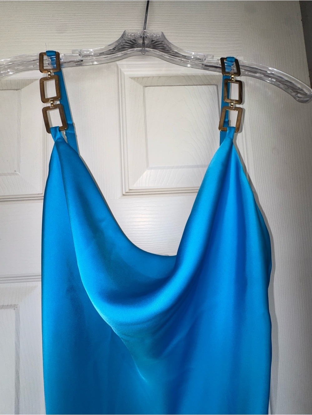 Turquoise Satin Cowl Neck Slip Dress with Gold Chain Straps